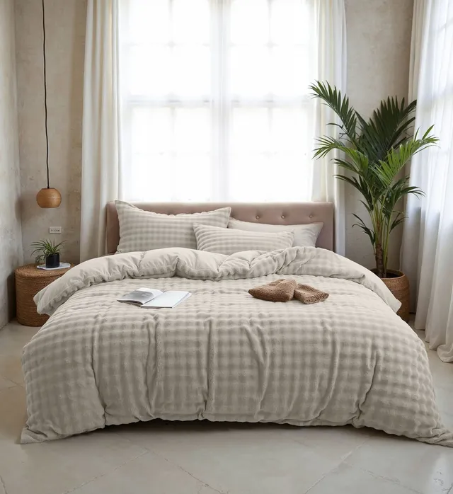 NordDream Teddy Pompom pussilakana 200x220 beige tekoturkis