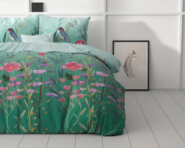 NordDream Classy Flower Birds pussilakana turkoosi 140x200