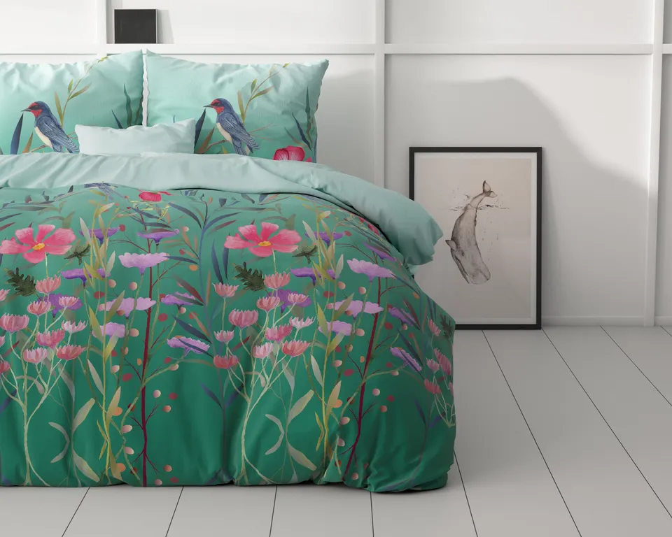 NordDream Classy Flower Birds pussilakana turkoosi 140x200
