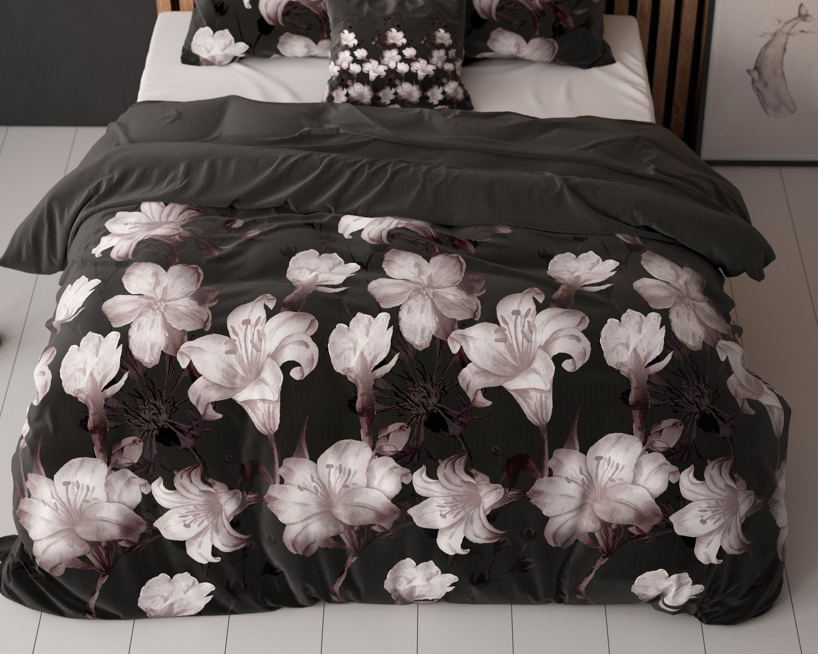 NordDream Elegance Dark Flower pussilakana 140x220 musta