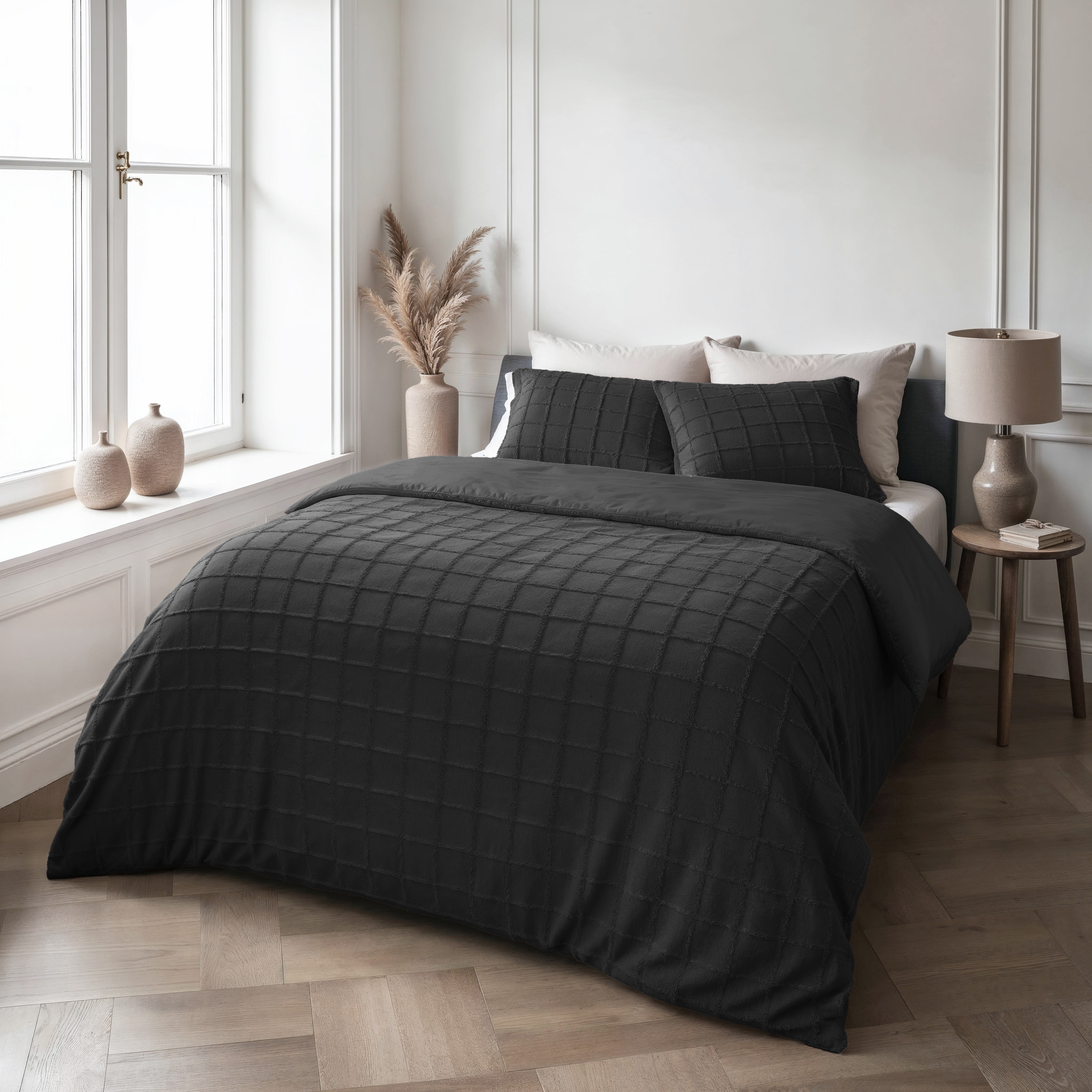 NordDream Teddy Faux Fur Check pussilakanasetti musta 140x200 tekoturkis