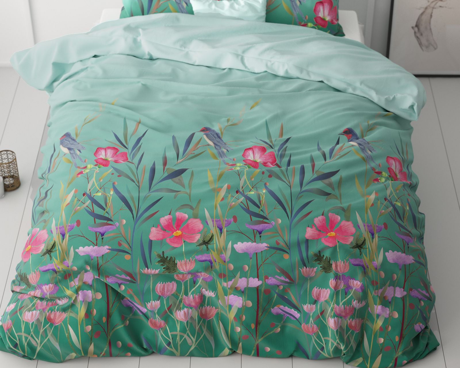 NordDream Classy Flower Birds pussilakana turkoosi 140x200