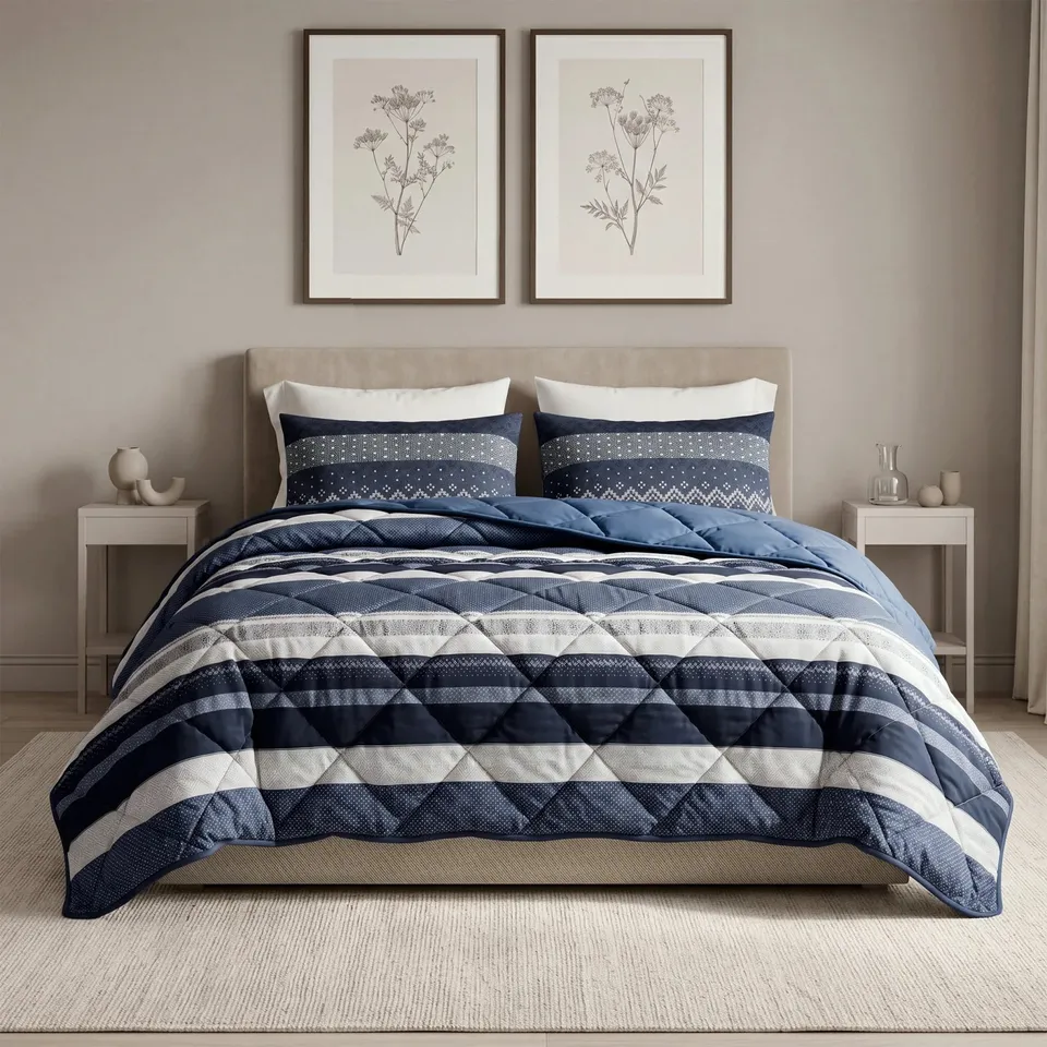 NordDream Uni Navy peitto tyynyliinoilla 200x200 cm pestävä