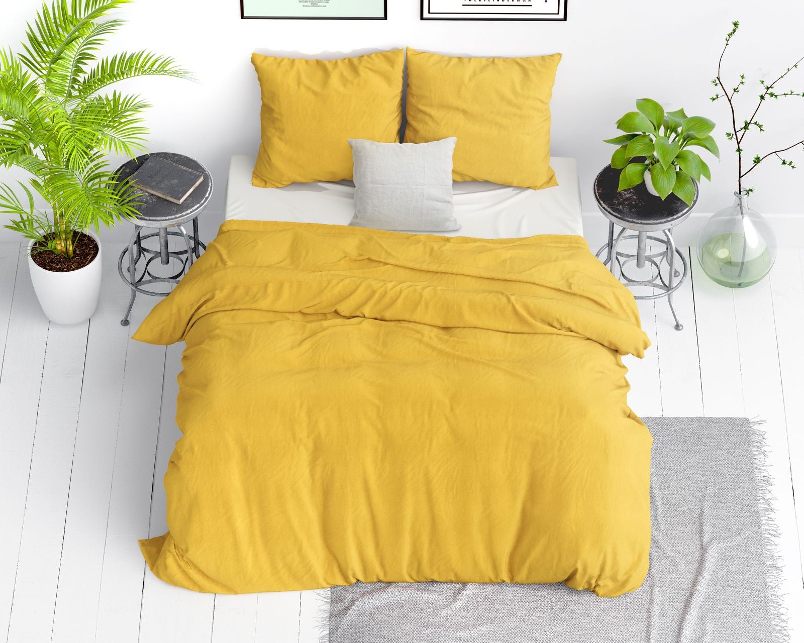 NordDream Stone Washed pussilakanasetti mustard 200x200 puuvilla