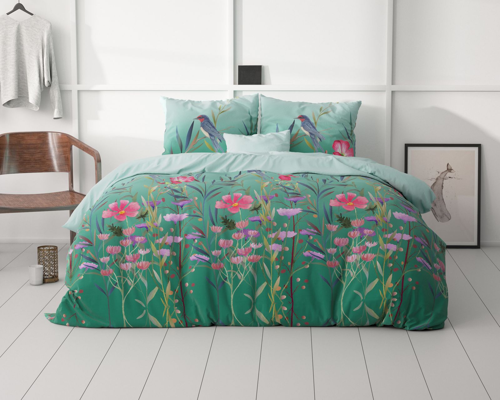 NordDream Classy Flower Birds pussilakana turkoosi 140x200