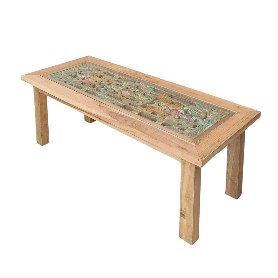 Sasus Vintage sohvapöytä tiikki lasikansi 126 x 53 x 45 cm