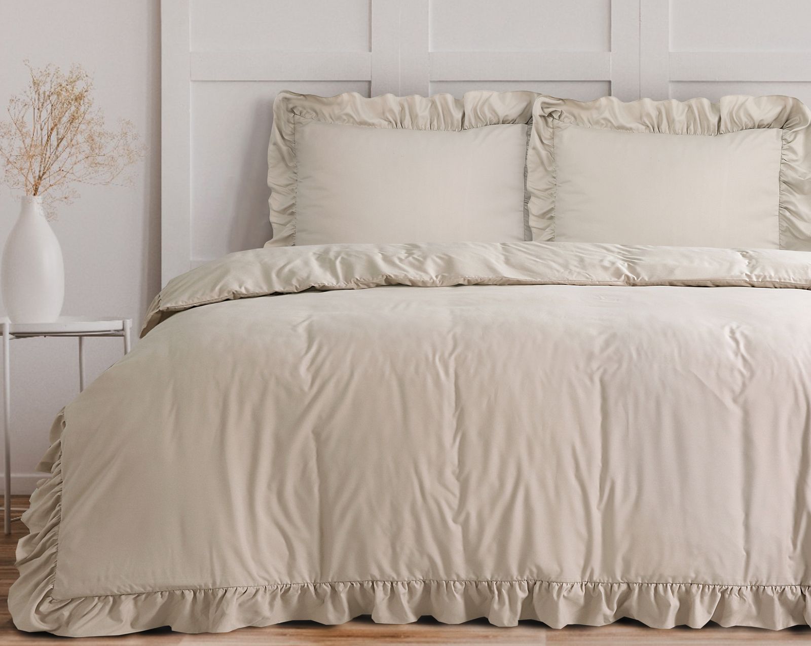 NordDream Fresh Ruffles taupe pussilakanasetti 240x200 silitysvapaa