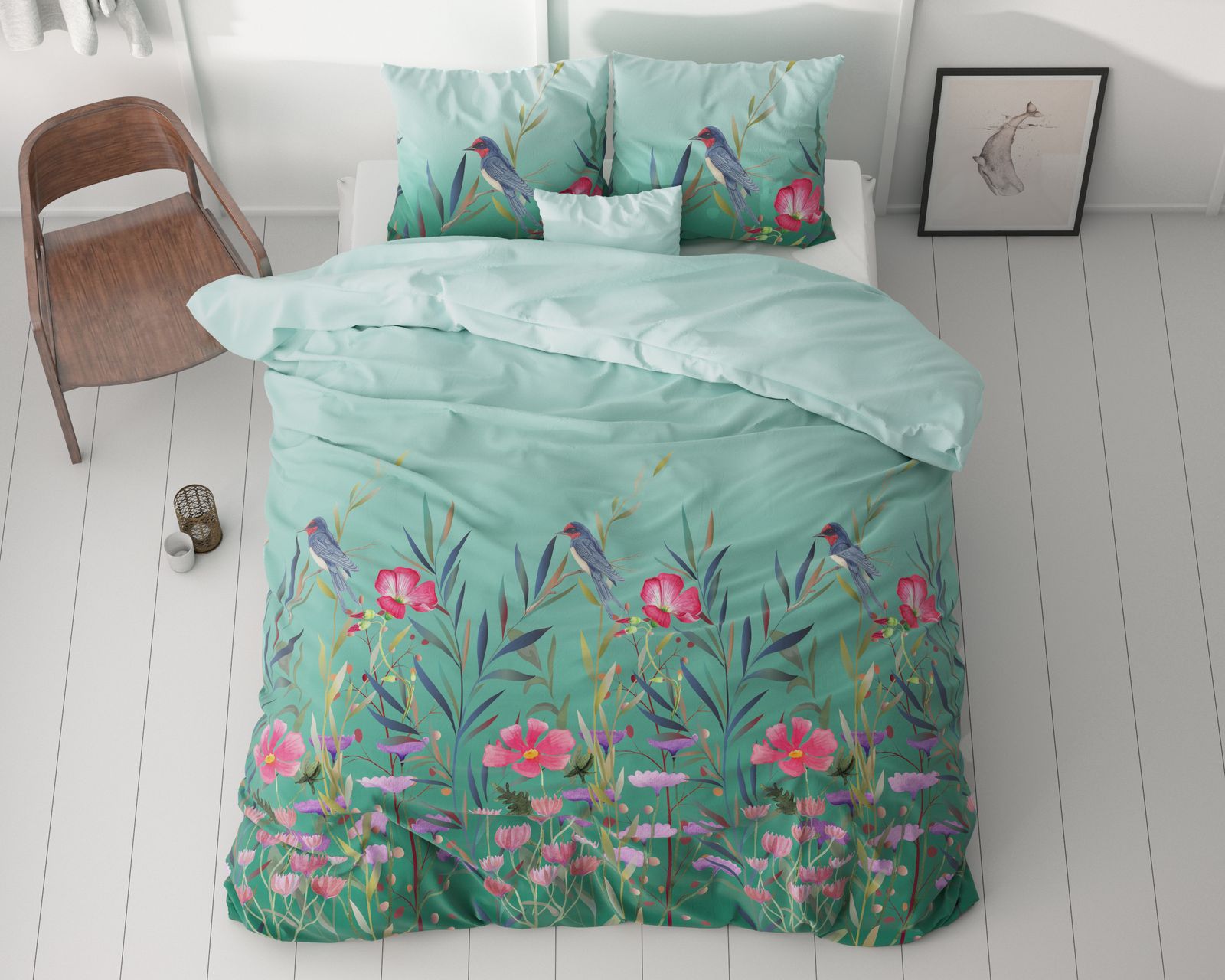 NordDream Classy Flower Birds pussilakana turkoosi 140x200