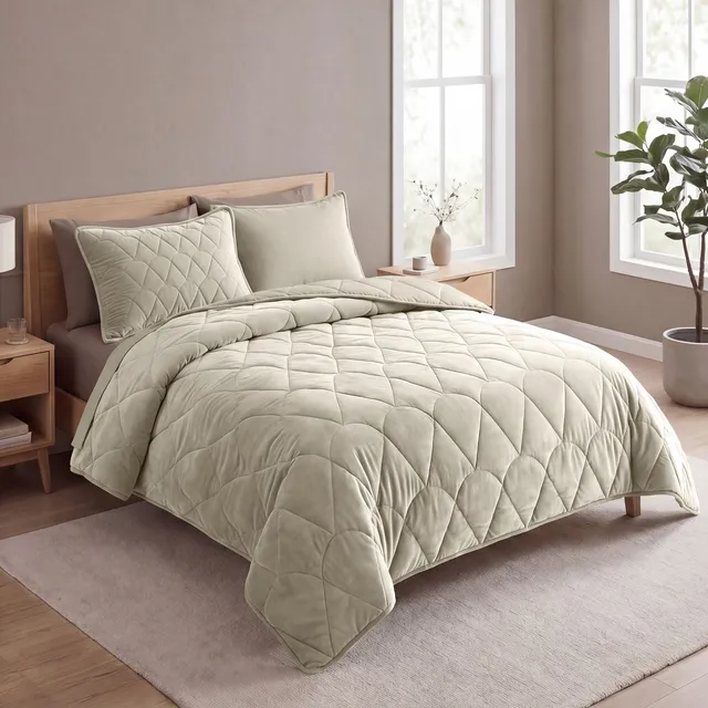 NordDream Lazy Velvet pussiton peitto taupe/harmaa tyynyliinoilla