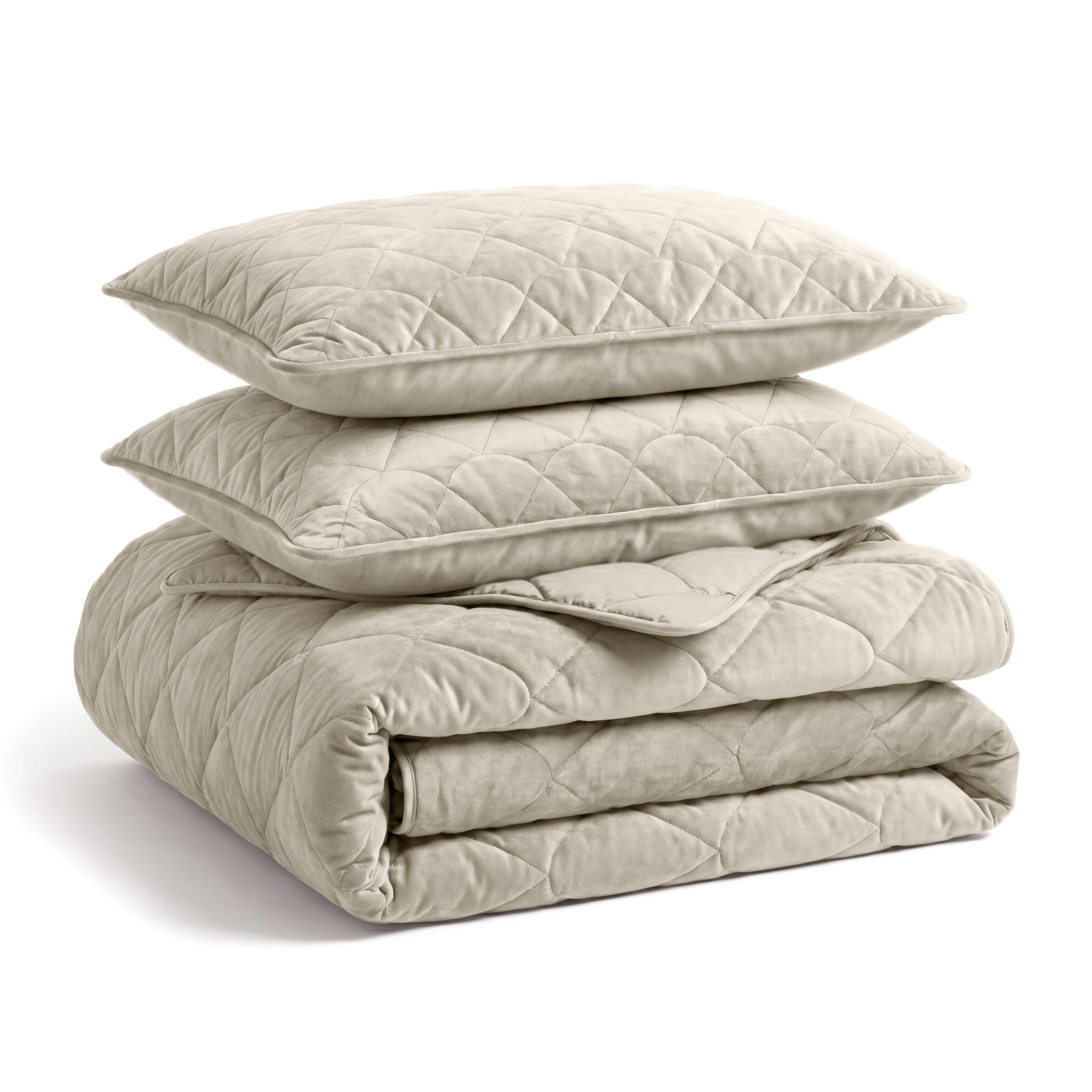 NordDream Lazy Velvet pussiton peitto taupe/harmaa tyynyliinoilla
