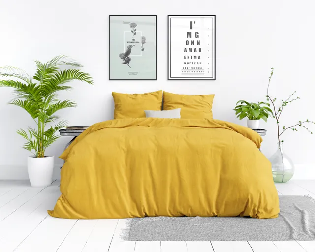 NordDream Stone Washed pussilakanasetti mustard 200x200 puuvilla