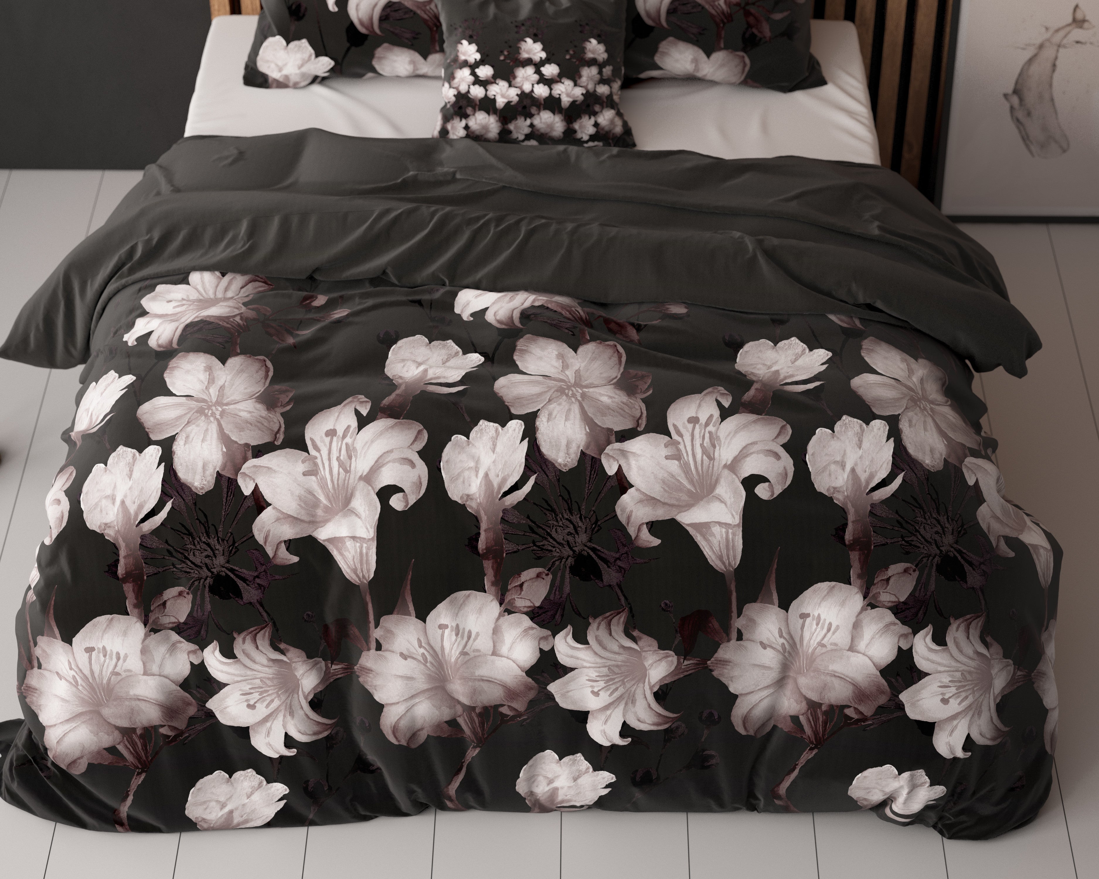 NordDream Elegance Dark Flower pussilakana 140x220 musta