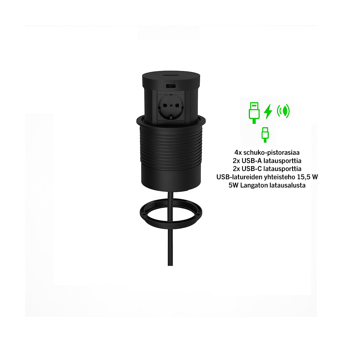 TC Pop-up Power 360 pöytäpistorasia musta