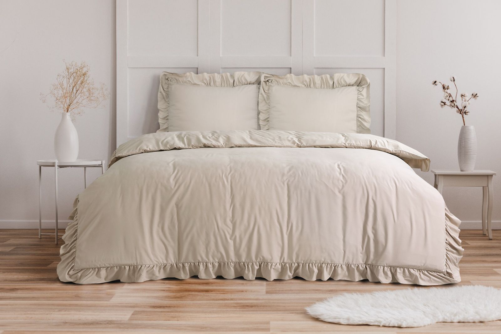 NordDream Fresh Ruffles taupe pussilakanasetti 240x200 silitysvapaa