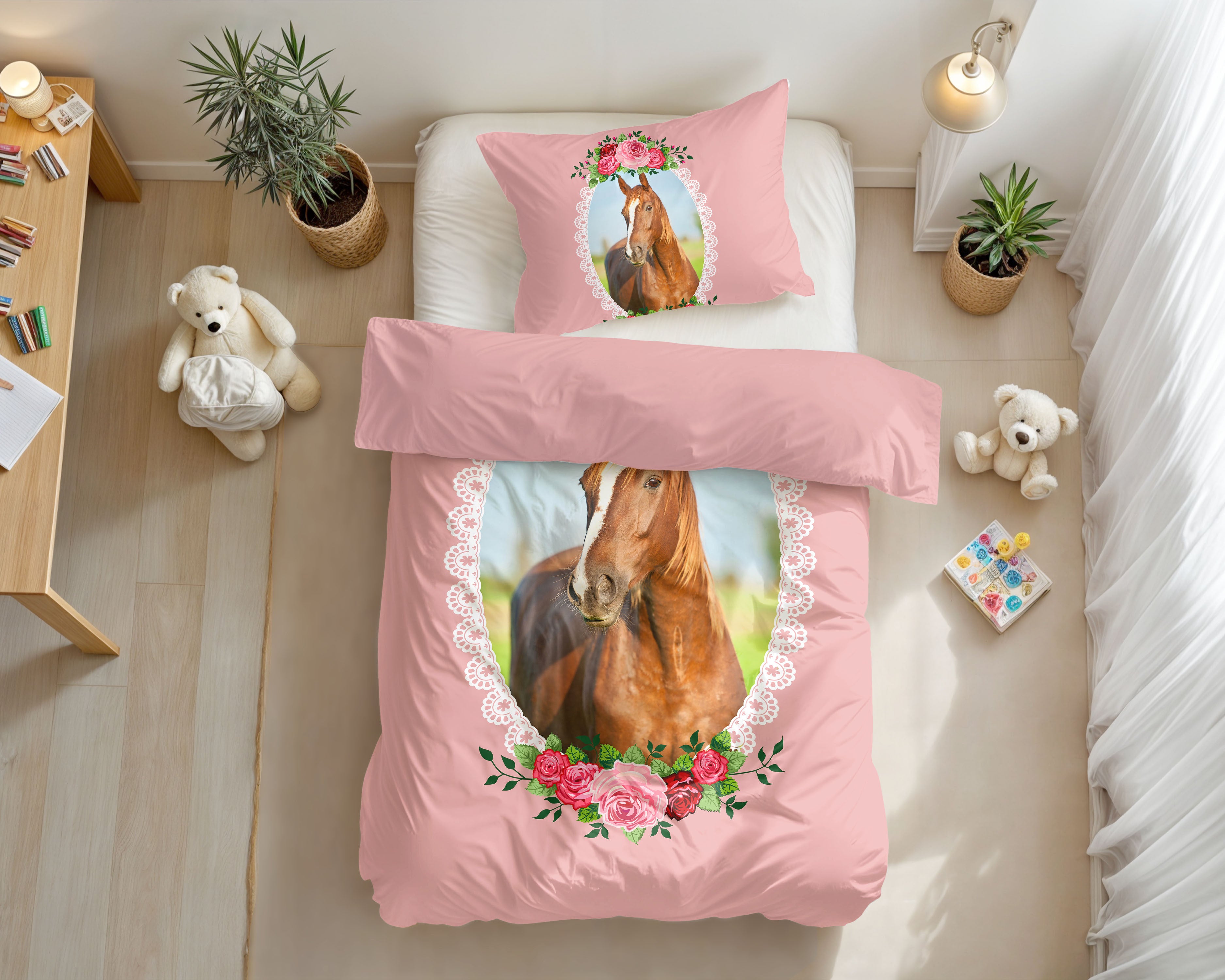 NordDream Kids Cute Horse Roze pussilakana 140x200 mikrokuitu