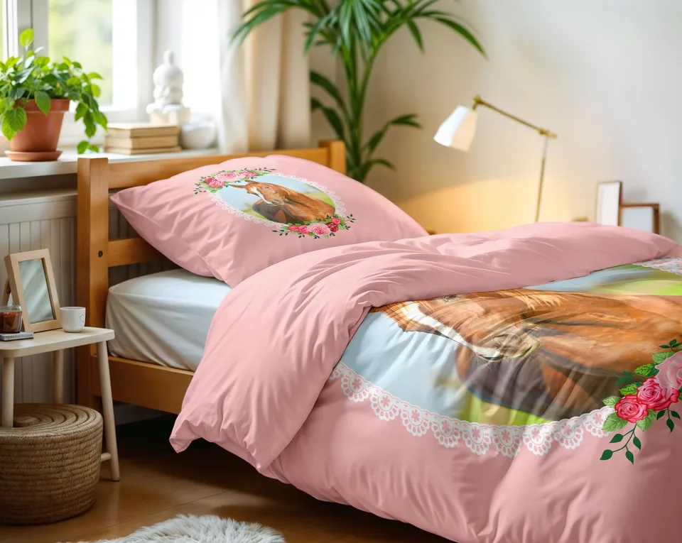 NordDream Kids Cute Horse Roze pussilakana 140x200 mikrokuitu