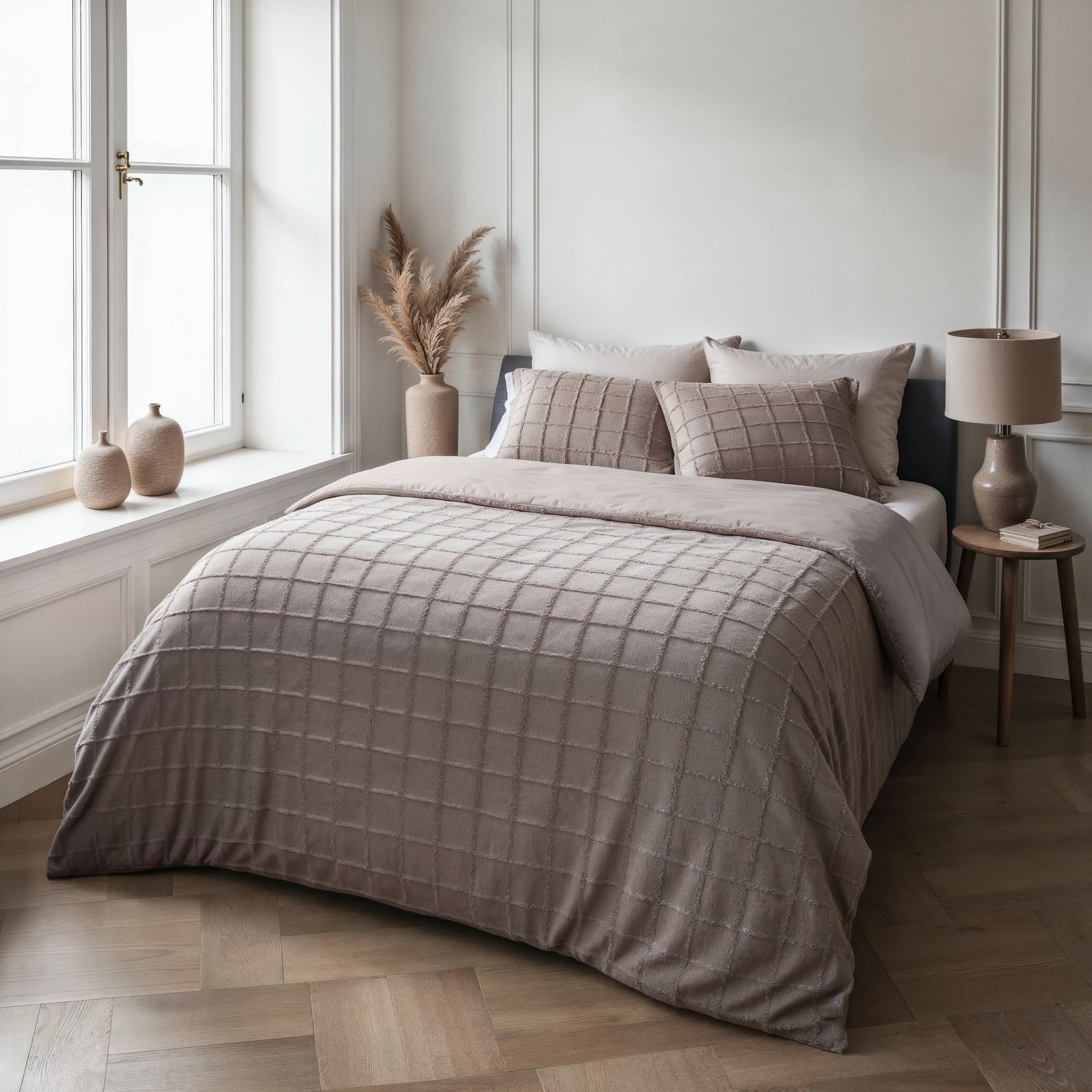 NordDream Teddy Faux Fur Check Taupe pussilakana 140x200/220