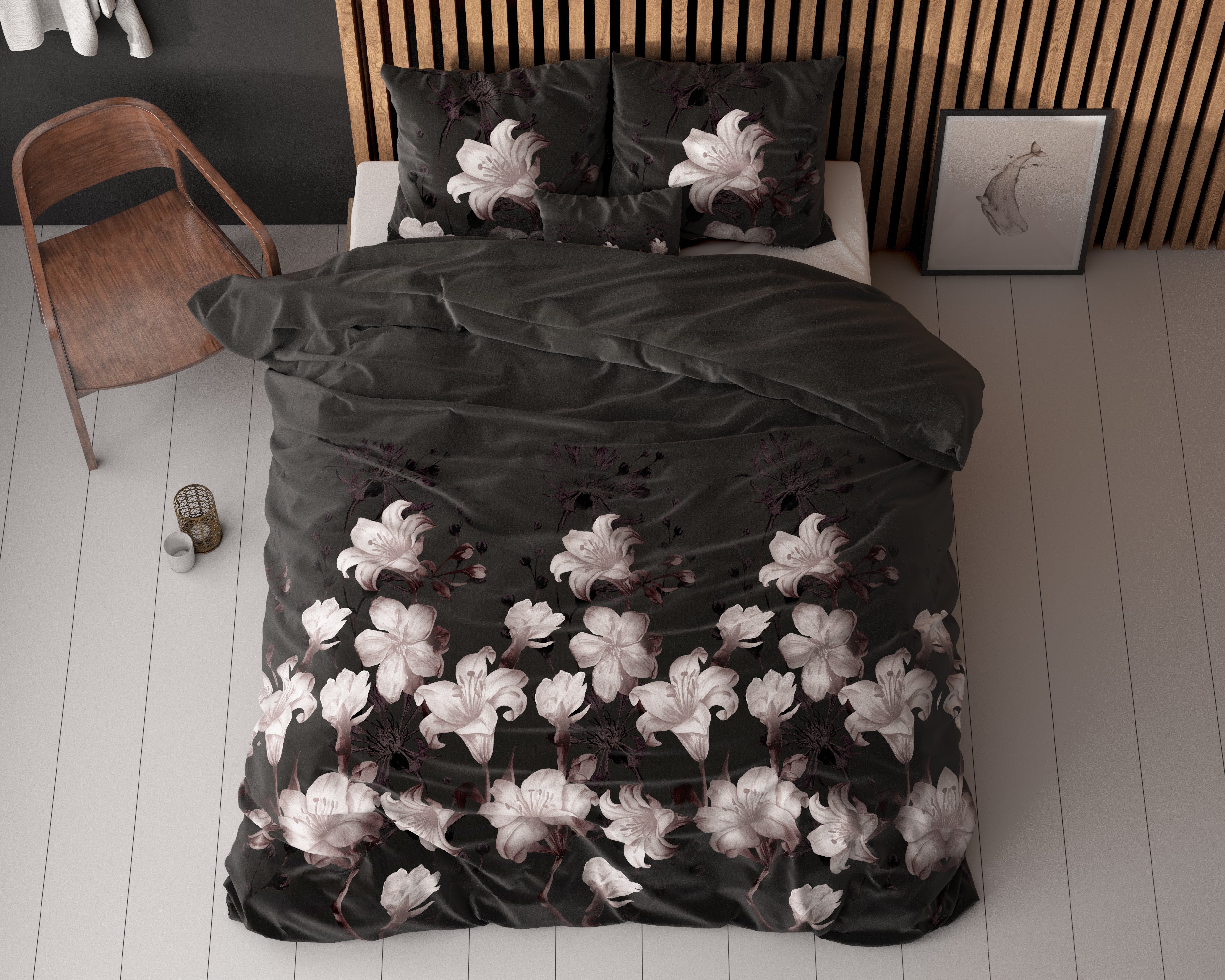 NordDream Elegance Dark Flower pussilakana 140x220 musta