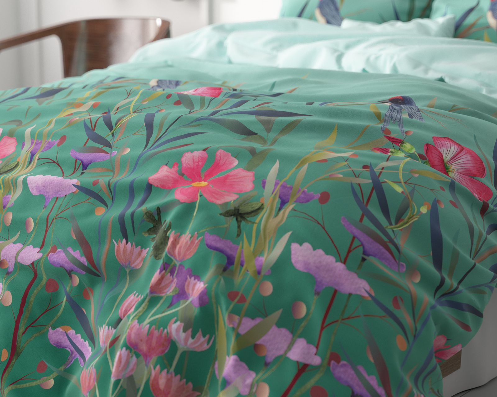 NordDream Classy Flower Birds pussilakana turkoosi 140x200