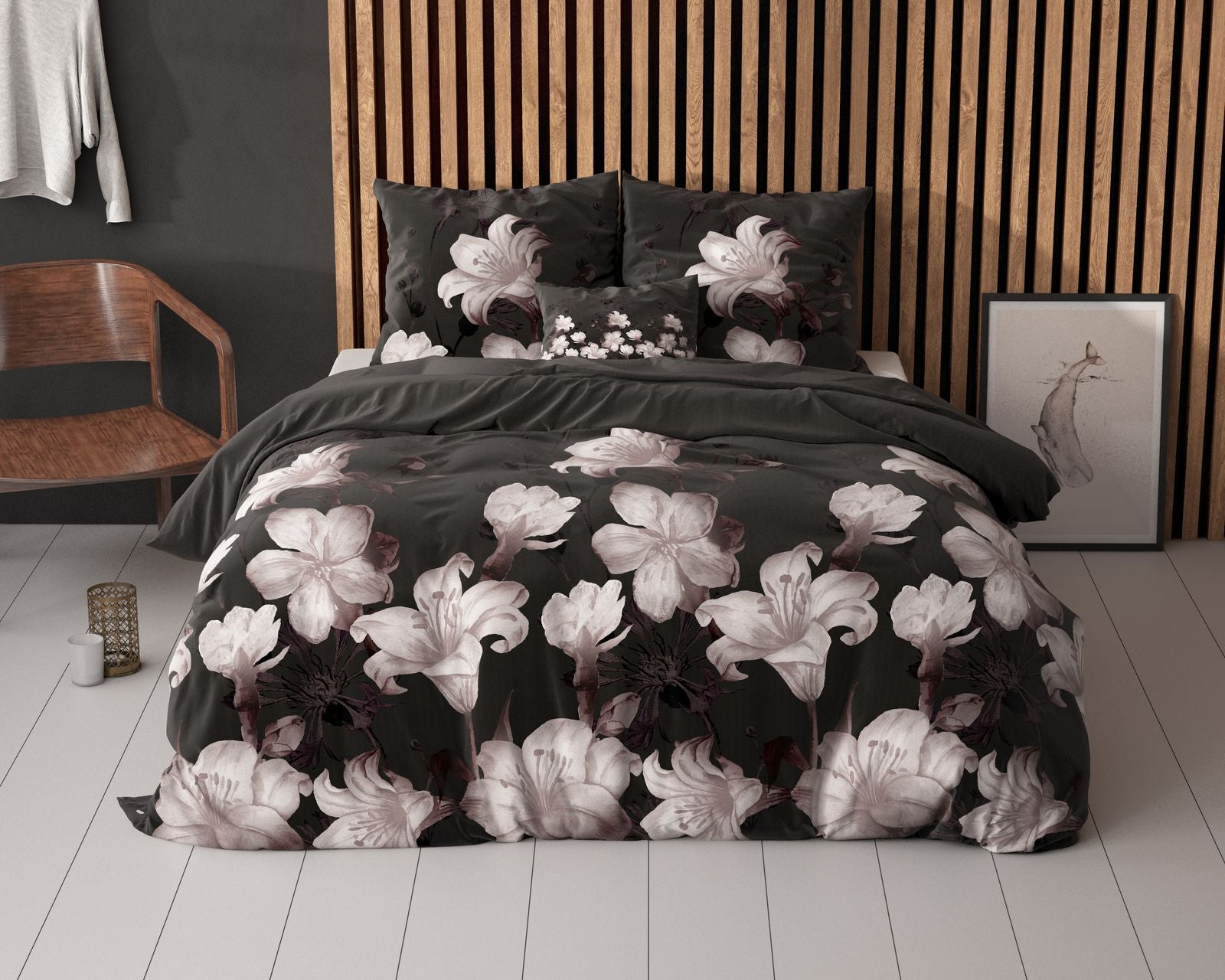 NordDream Elegance Dark Flower pussilakana 140x220 musta