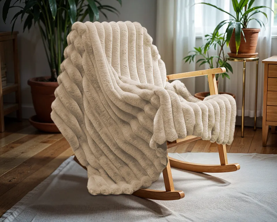 NordDream Rib Rabbit Fur torkkupeitto hiekka 150x200 tekoturkis