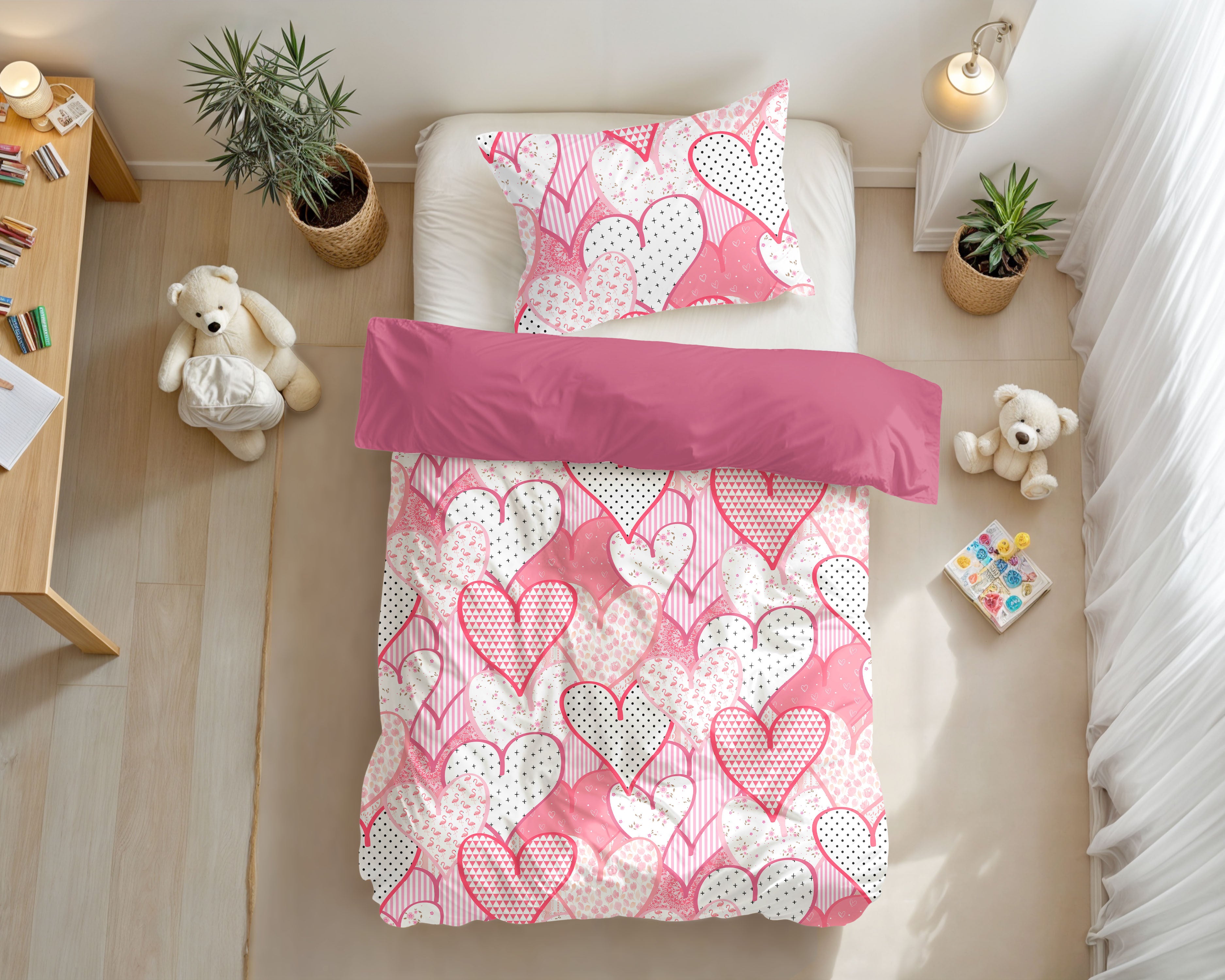 NordDream Kids Hearts Love pussilakanasetti 140x200/220 roosa